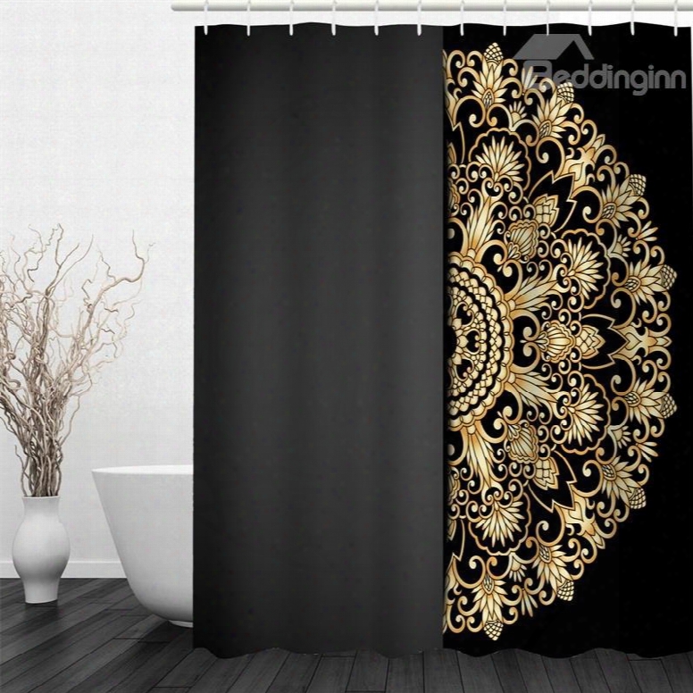 3d Semi-circle Yellow Floral Pattern Polyester Waterproof And Eco-friendly Black Shower Curtain