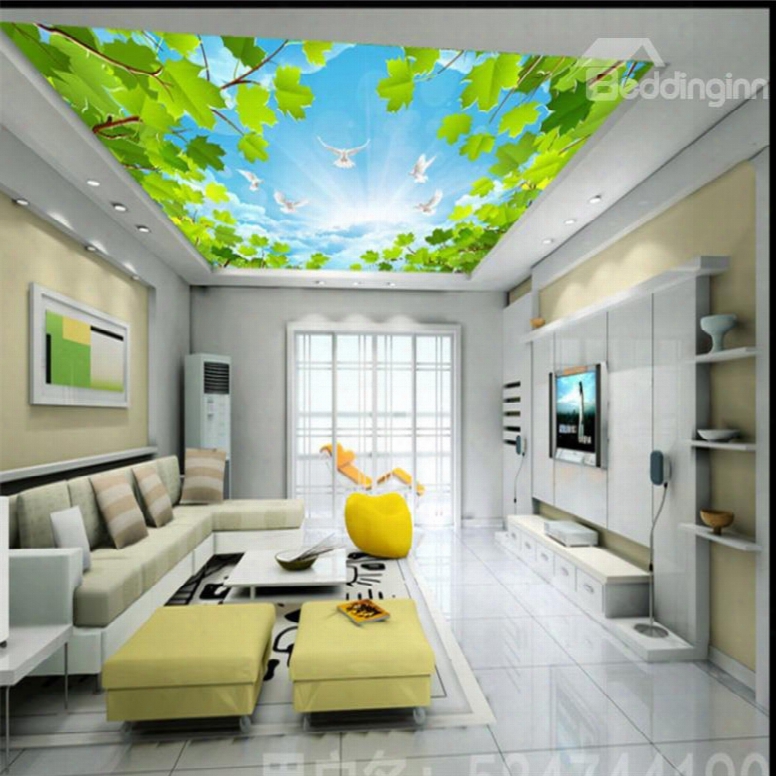 3d Shining Sky With Doves And Leaves Printed Waterproof Durable Eco-friendly Ceiling Murals