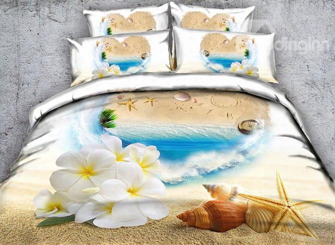 3d Starfish And White Flowers Printed Cotton 4-piece Bedding Sets/duvet Covers