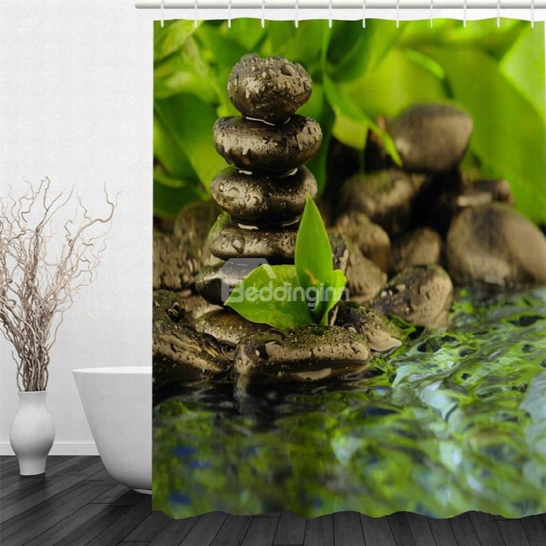 3d Stones And Stream Printed Polyester Waterproof And Eco-friendly Shower Curtain