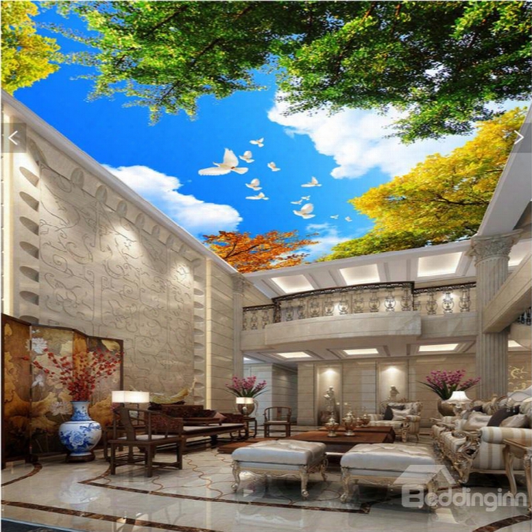 3d Trees And Doves In Blue Sky Waterproof Durable And Eco-friendly Ceiling Murals
