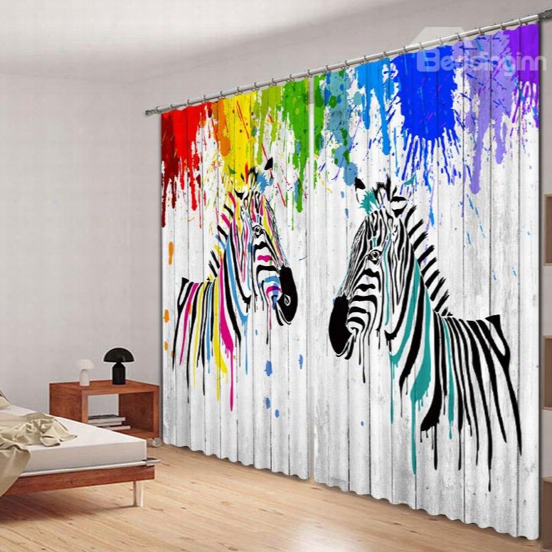 3d Watercolor Cartoon Zebras Printed Thick Polyester Creative Bedroom Curtain