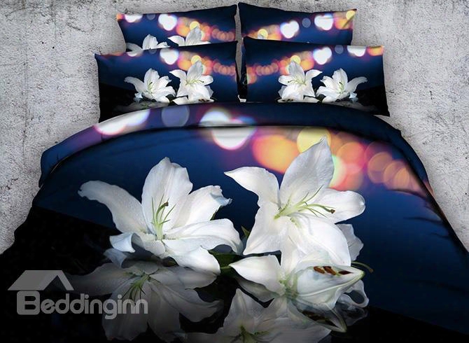 3d White Lilies Printed Cotton 4-piece Bedding Sets/duvet Covers