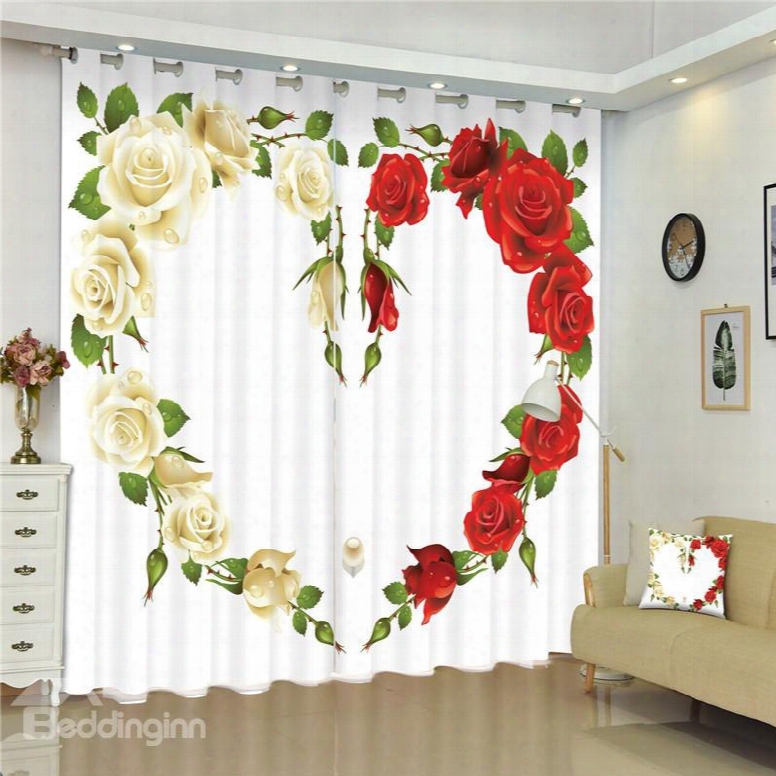 3d White Roses And Red Roses Heart-shaped Printed Romantic Style 2 Panels Curtain