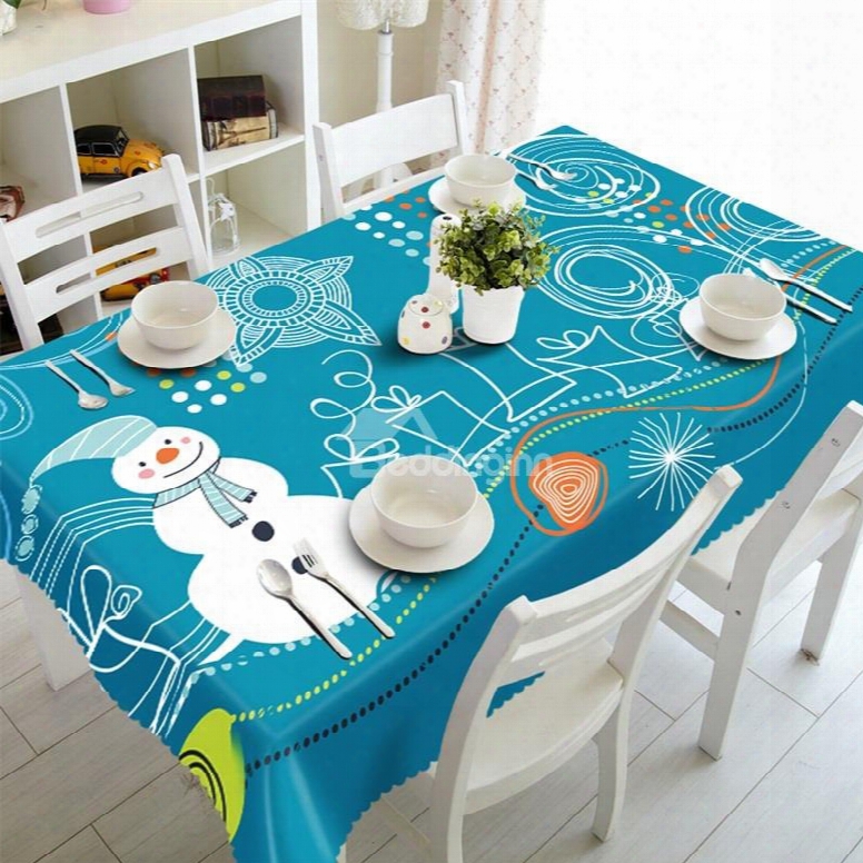 3d White Snowman With Irregular Graphics And Blue Background Printed Table Runner