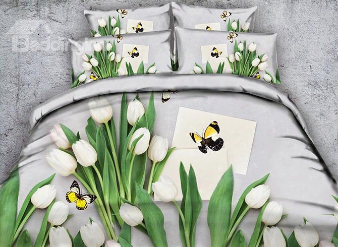 3d Whife Tulips And Butterfly Printed Cotton 5-piece Comforter Sets