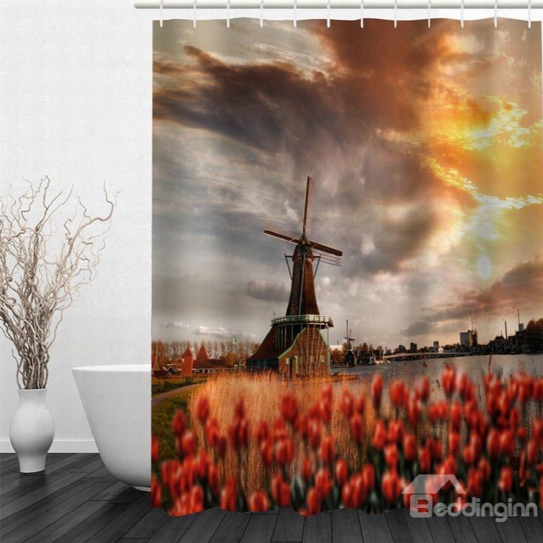 3d Windmill And Flowers Polyester Waterproof And Eco-friendly Shower Curtain