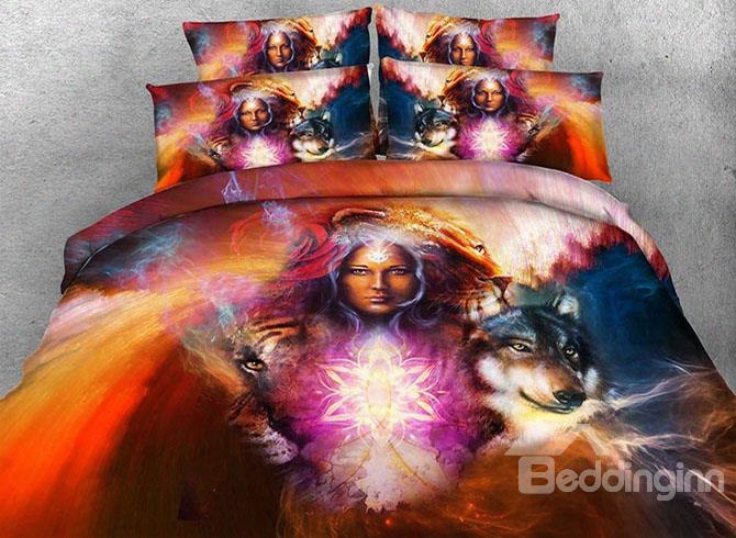 3d Witch And Wolf Printed Cotton 4-piece Bedding Sets/duvet Covers