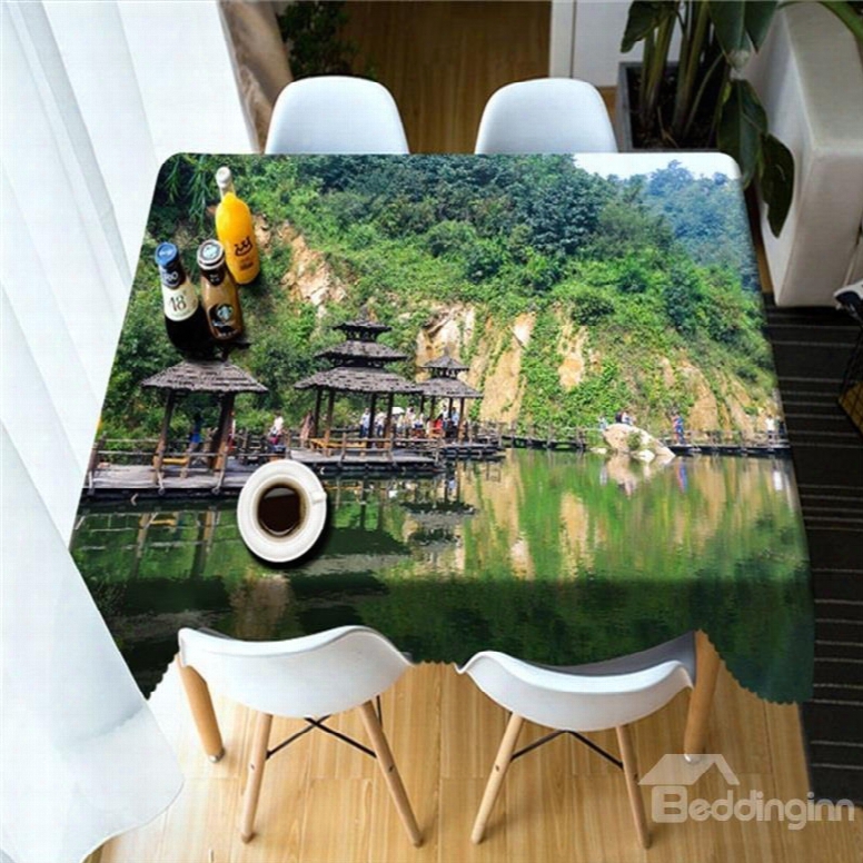 3d Wooden Pavilions And Green Mountains Printed Oil-proof Table Cover