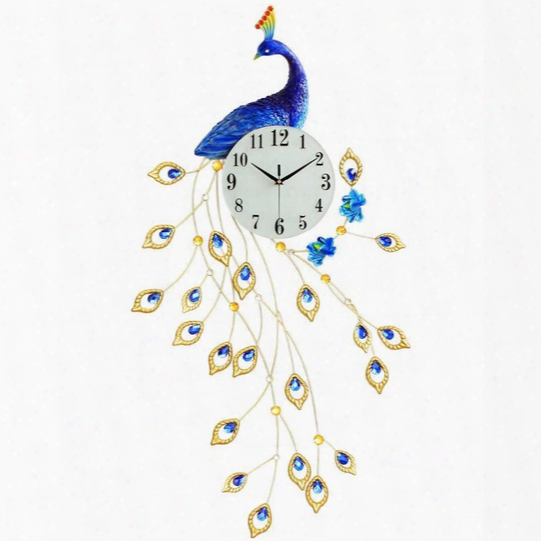 45␔22in Peacock Pattern Iron And Diamond Battery Mute Hanging Wall Clock