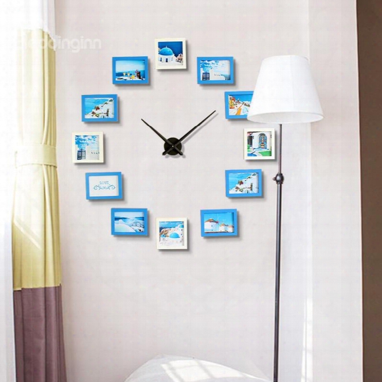 47␔47in Bleu And White Photo Frames Creative Style Board Battery Hanging Wall Clock