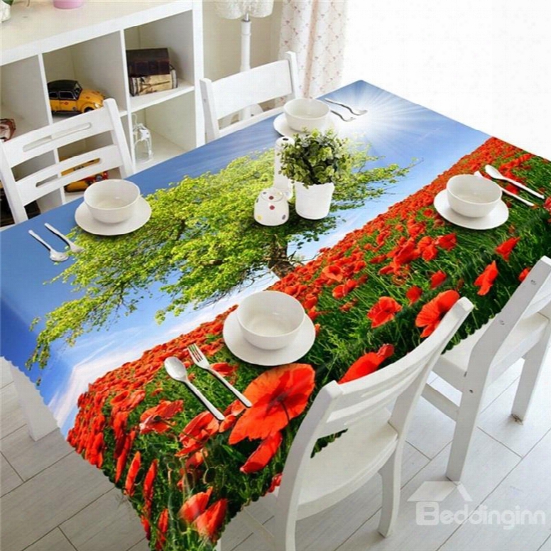 A Green Trees In The Sea Of Red Peonies Pastoral Style Polyester Table Cover