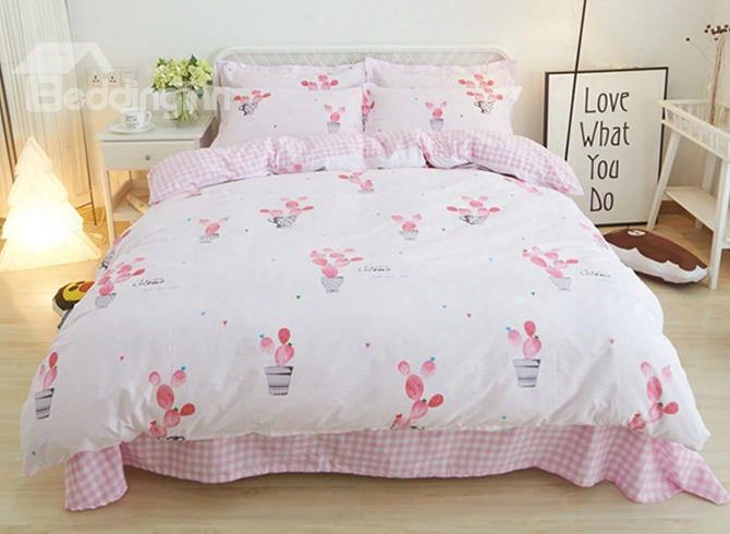 Adorable Pink Cactus Print Cotton 4-piece Bedding Sets/duvet Cover