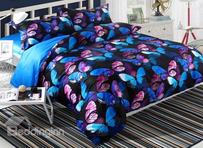 Adorila 60s Brocade Magical Blue Pink Morpho Butterflies Printed 4-piece Cotton Bedding Sets