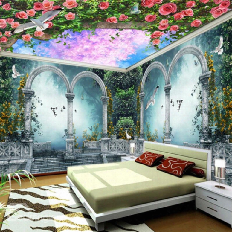 Amazing Flowers  And Forest Scenery Pattern Ceiling And Wall Combined 3d Wall Murals