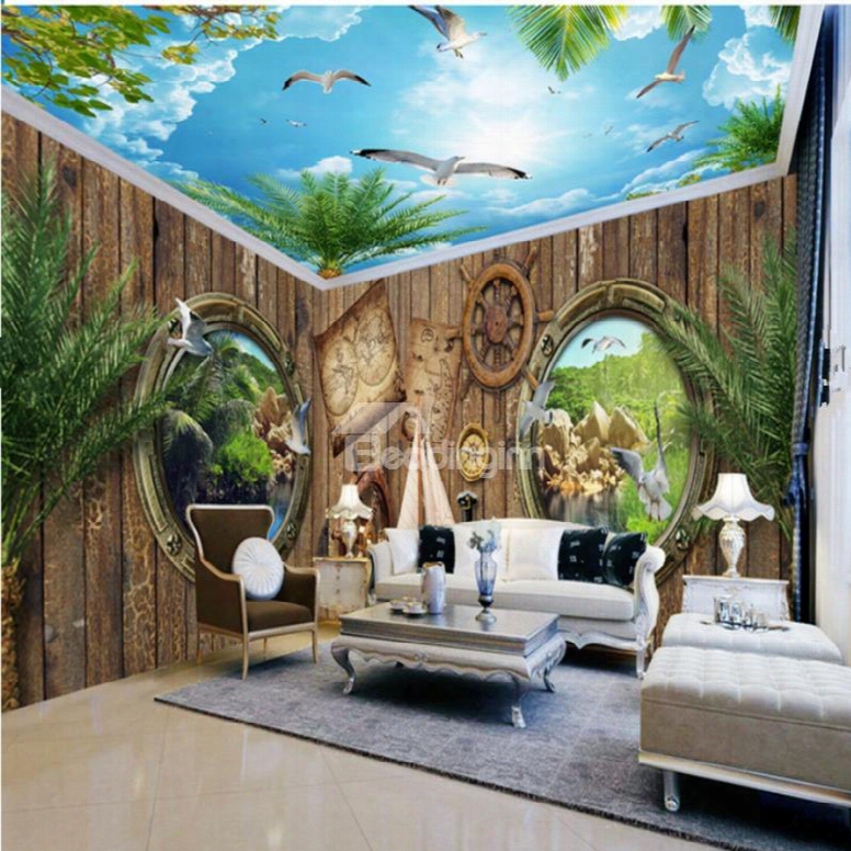 Amazing Wooden House And Blue Sky Pattern Design Combined 3d Ceiling And Wall Murals