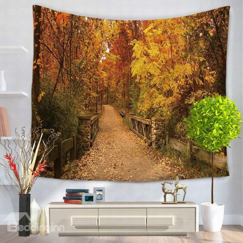 Autumn Yellow Leaves Of Garden And Bridge Path Decorative Hanging Wall Tapestry