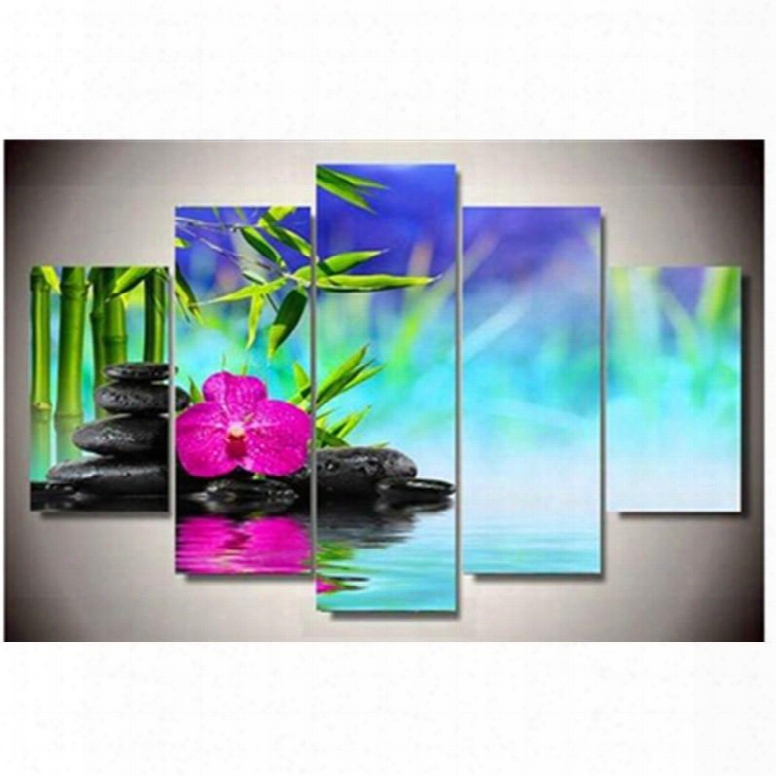 Bamboo Flower And Stones Hanging 5-piece Canvas Eco-friendly And Waterproof Non-framed Prints