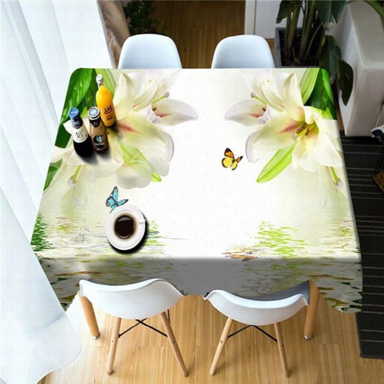 Beautiful Lily Flowers And Butterflies 3d Oil-proof And Water-proof Party And Home Table Cover