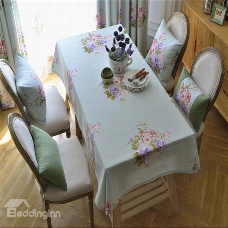 Big Flowers Light Green Color Printing Home And Hotel Fresh Style Table Cover