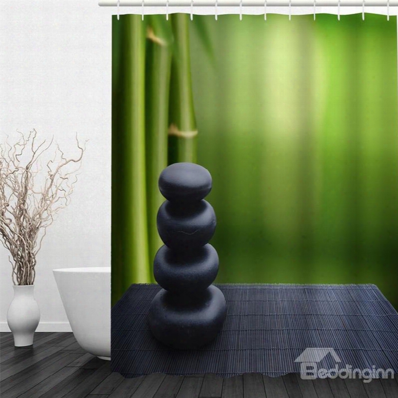 Black Stones And Green Bamboos Polyester Waterproof And Eco-friendly 3d Shower Curtain