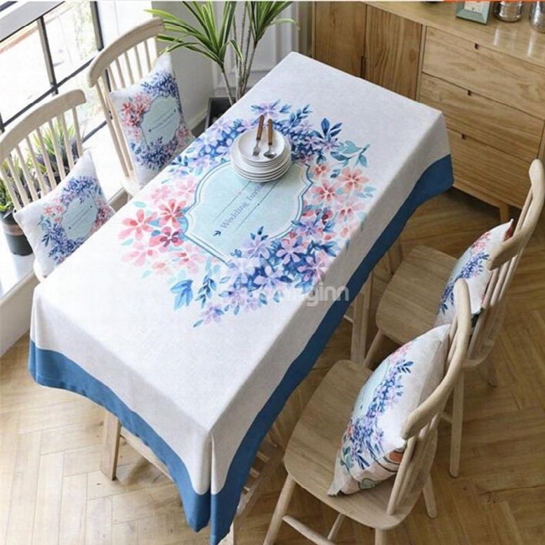 Blue And White Flower Rings Printing Thick Cotton Square Home Table Cover Cloth