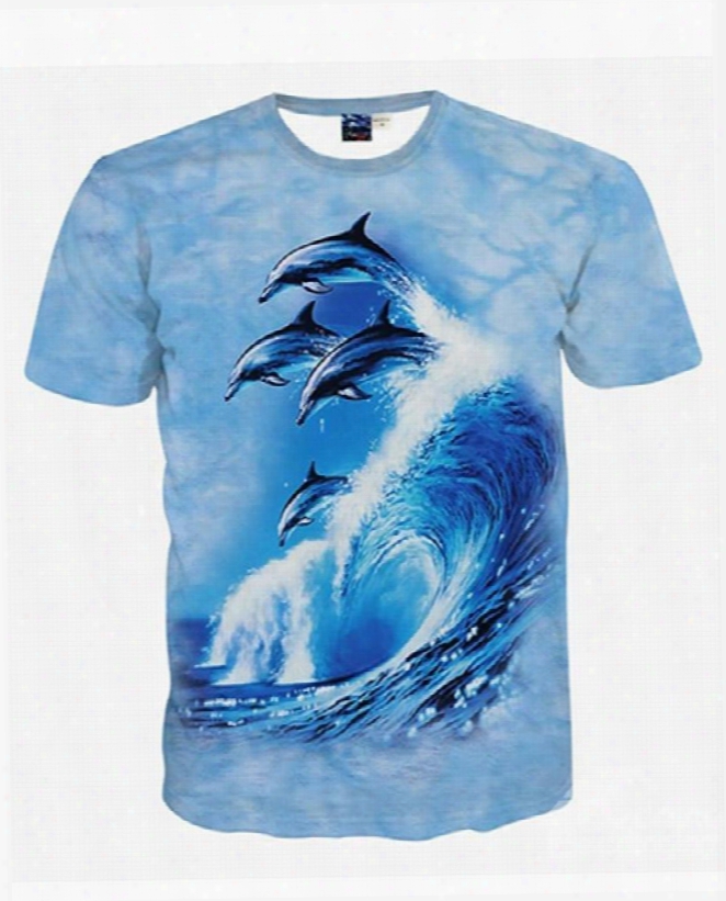 Blue Dolphin Wave Pattern Round Neck Short Sleeve Spandex 3d Painted T-shirt