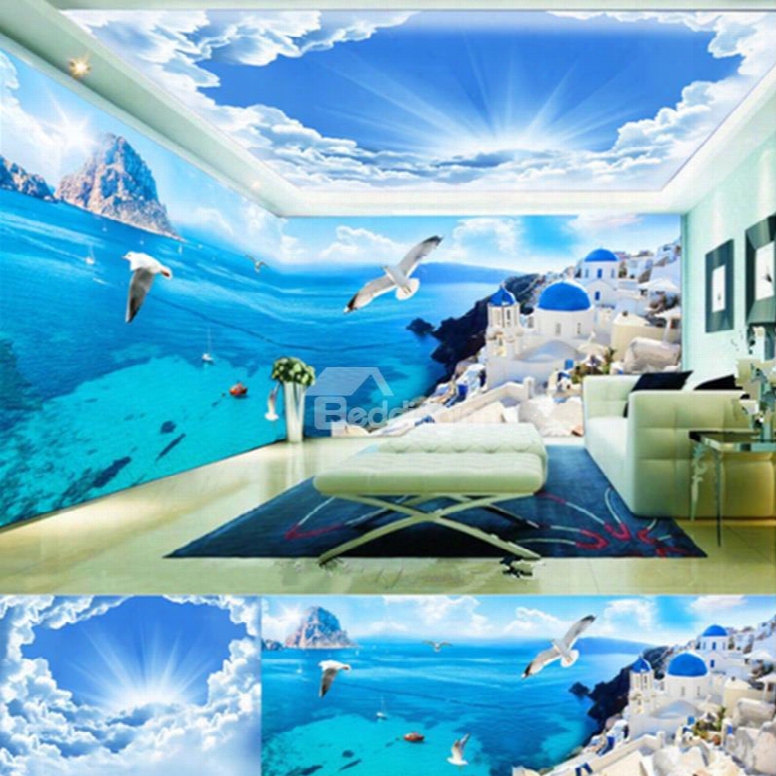 Blue Mediterranean Style Sea And Blue Sky Scenery Pattern Combined 3d Ceiling And Wall Murals