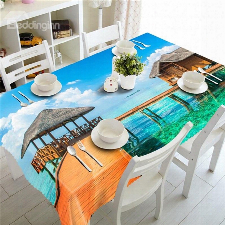 Blue Sea And Wooden Bridge With Wooden Pavilion Thick Polyester 3d Table Cloth