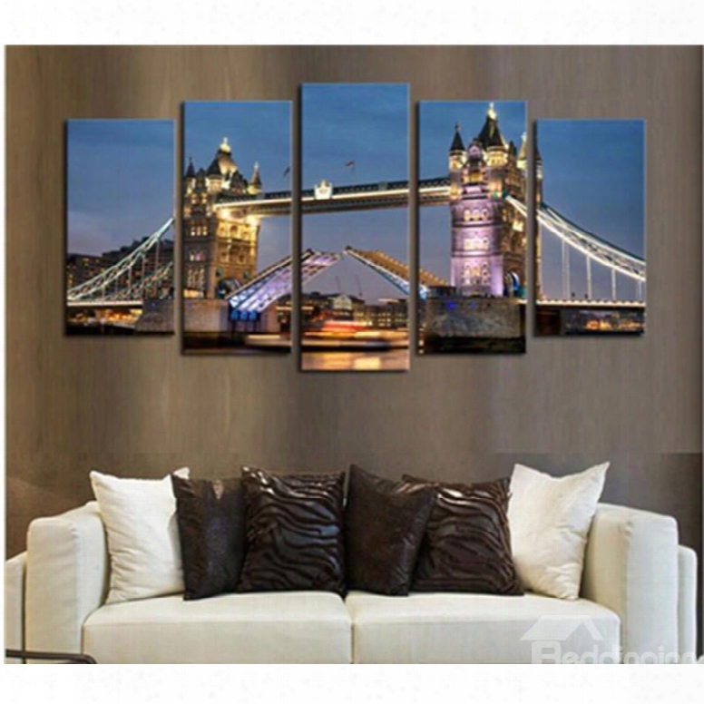 Bridge Tower At Night Hanging 5-piece Canvas Eco-friendly And Waterproof Non-framed Prints