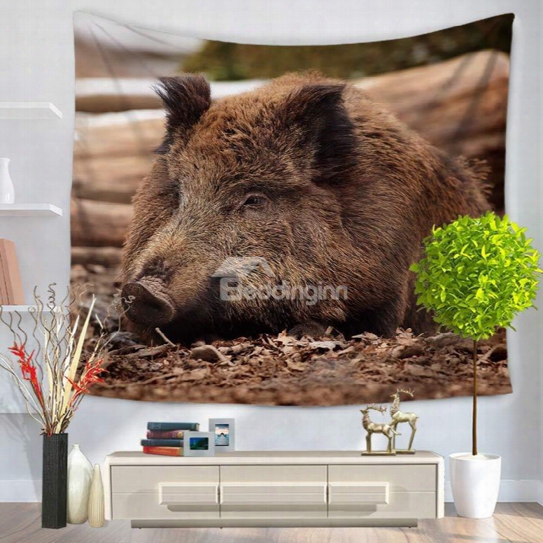 Brown Wild Boar Lying In Woods Pattern Decorative Hanging Wall Tapestry