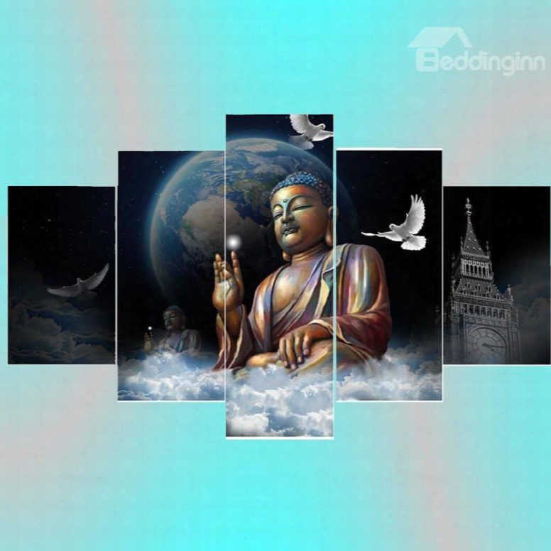 Buddha And Pigeons Before Planet Pattern Hanging 5-piece Canvas Eco-friednly Waterproof Non-framed Prints