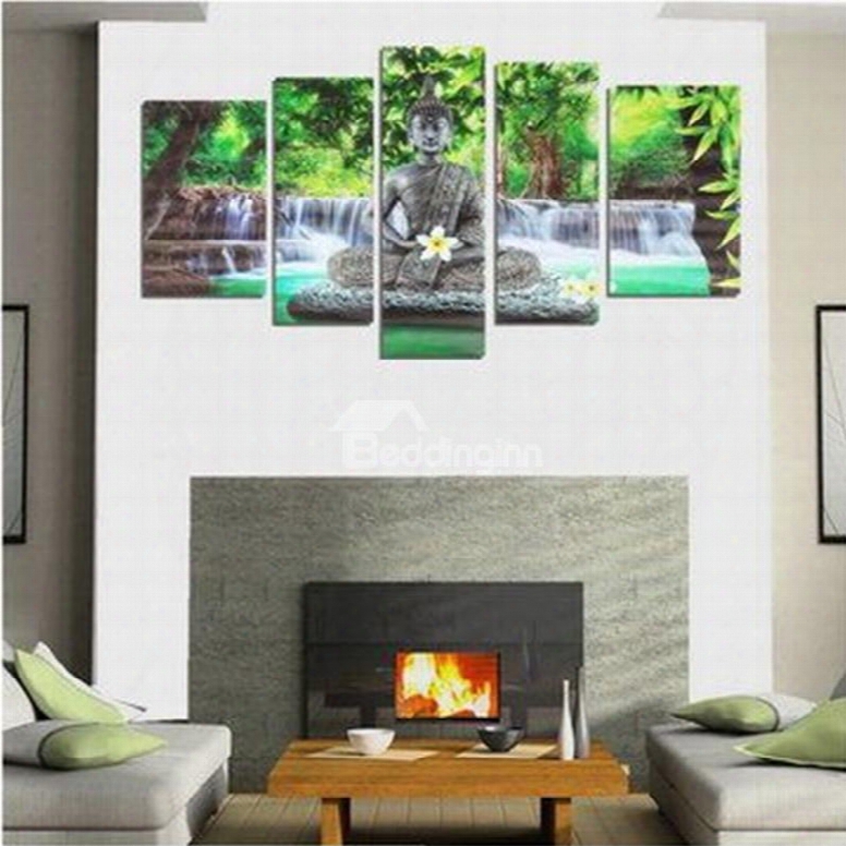 Buddha Beside Forest And Waterfall Hanging 5-piece Canvas Eco-friendly And Waterproof Non-framrd Prints