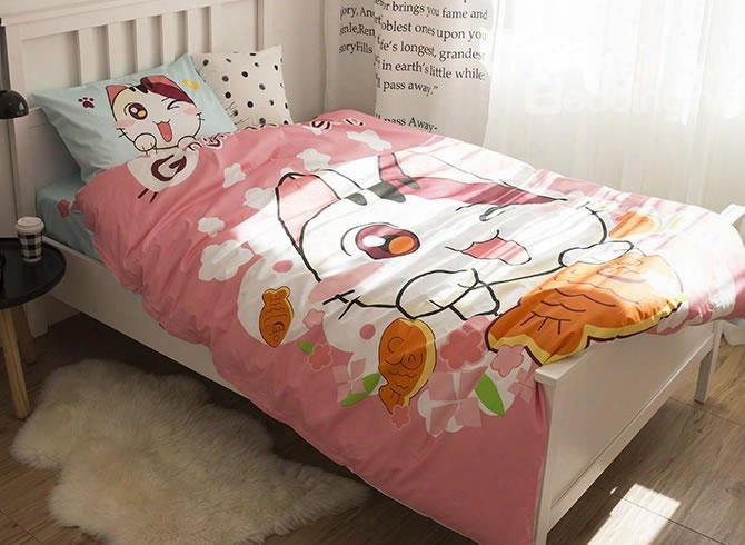 Cartoon Cat Printed Cotton 3-piece Pink Duvet Covers/bedding Sets