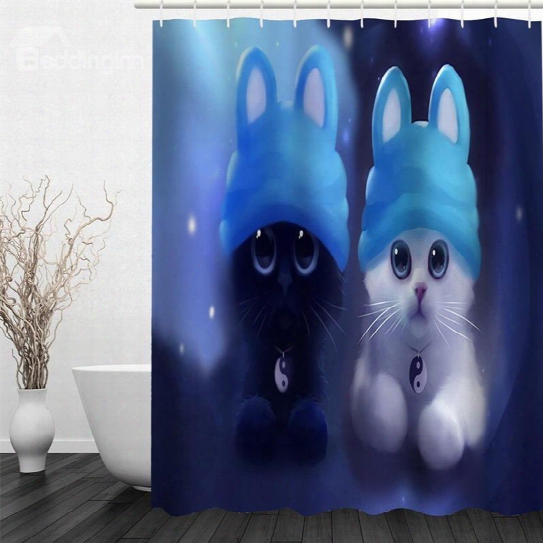 Cats In Blue Hats Polyester Waterproof And Eco-friendly 3d Shower Curtain