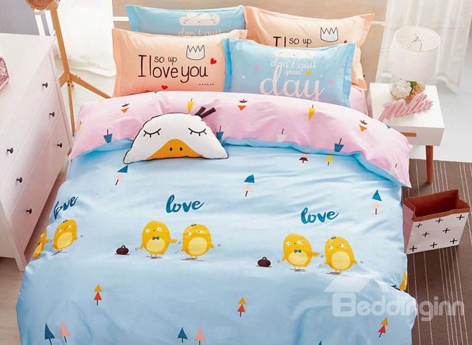 Chickens Printed Cotton Blue Kids Duver Covers/bedding Sets