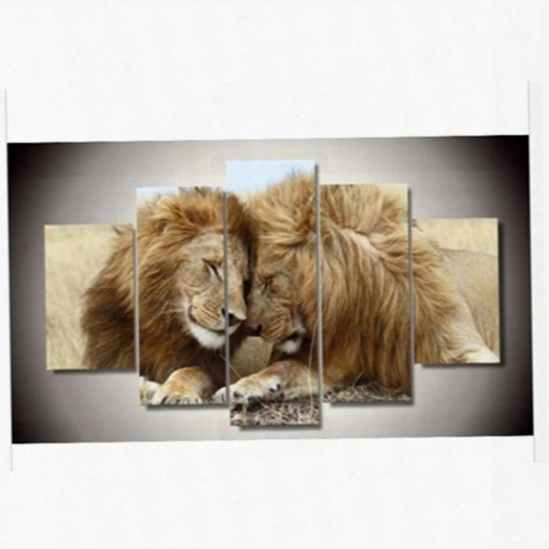 Close Lions Hanging 5-piece Canvas Eco-friendly And Waterproof Non-framed Prints