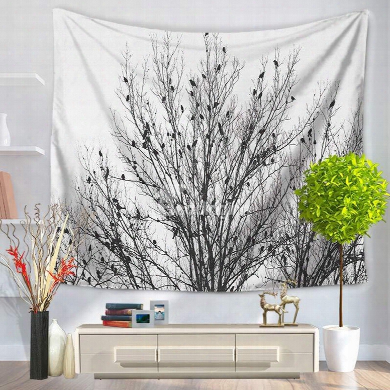 Cluster Of Tree Branches With Many Birds White Decorative Hanging Wall Tapestry