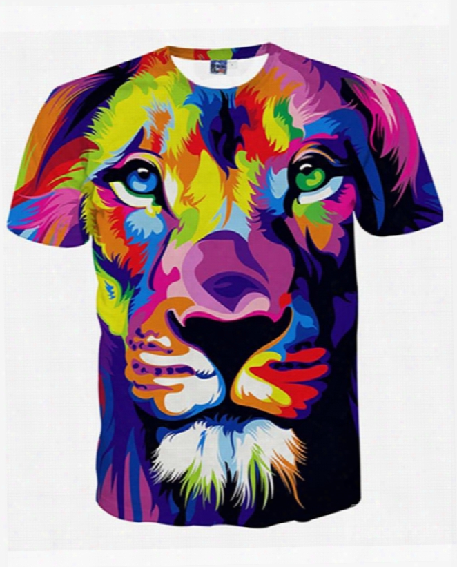 Colorful Round Neck Lion Face Pattern 3d Painted T-shirt