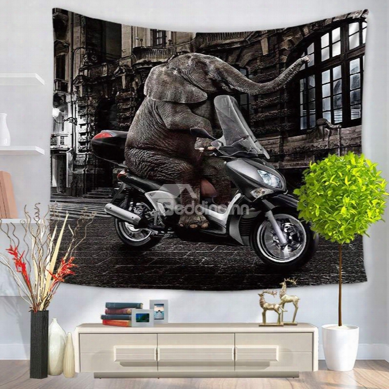 Cool Elephant Riding Motorbike Under Night City Decorative Hanging Wall Tapestry