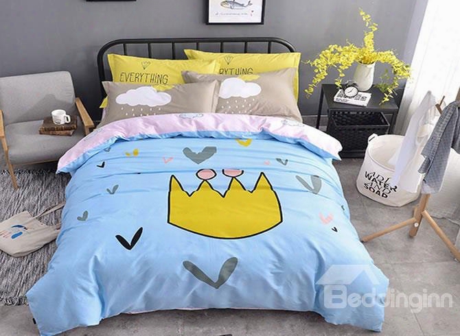 Crown Printed Cotton Light Blue Kids Duvet Covers/bedding Sets