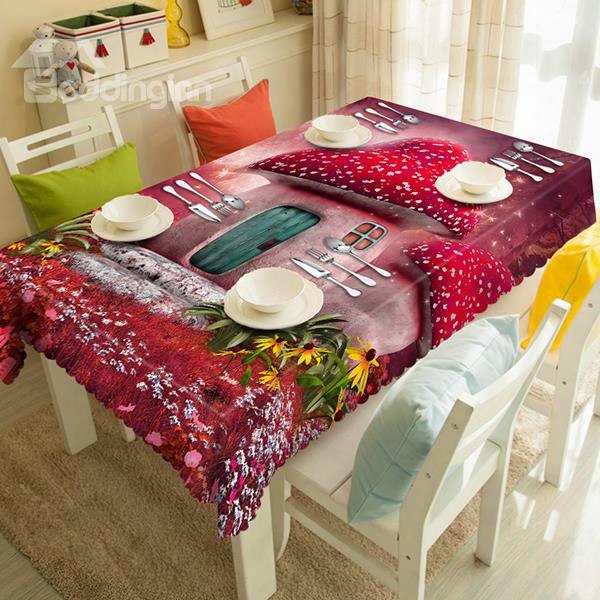 Cute Red Polyester Mushroom House Pattern 3d Tablecloth