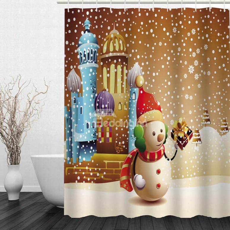 Cute Snowman Holding Gift Printing Christmas Theme Bathroom 3d Shower Curtain