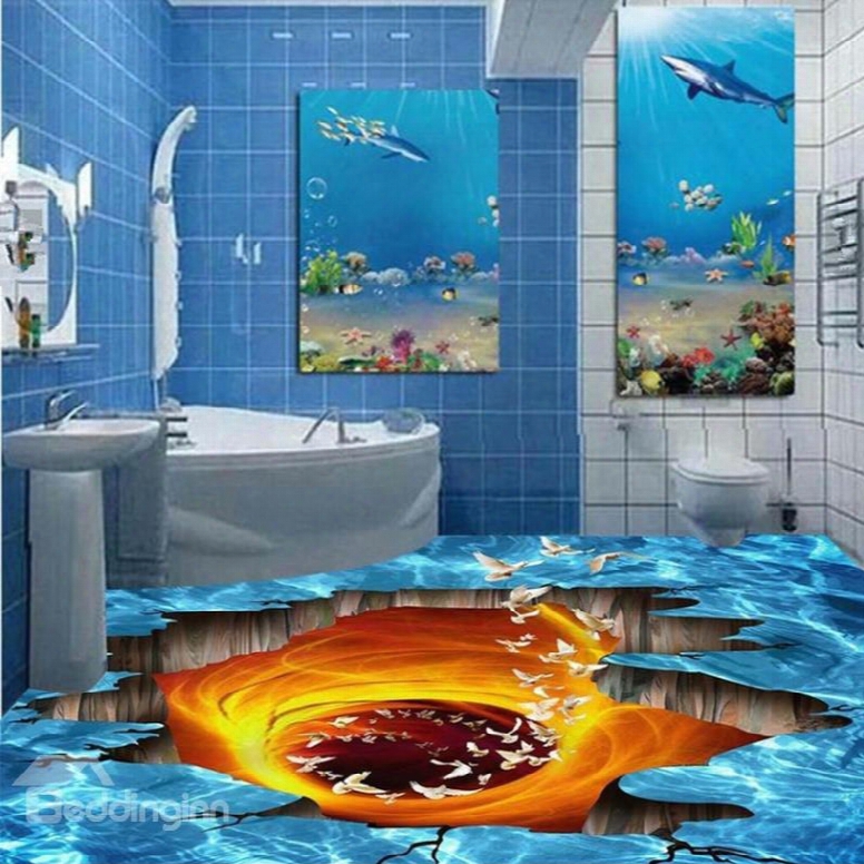 Decorative Creative Flying Birds In A Broken Hole Print Nonslip And Waterproof 3d Floor Murals