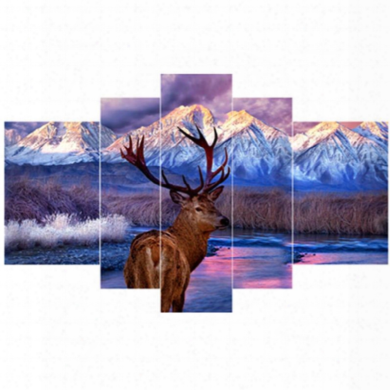 Deer And Snowy Mountain Pattern Hanging 5-piece Canvas Eco-friendly And Waterproof Non-framed Prints