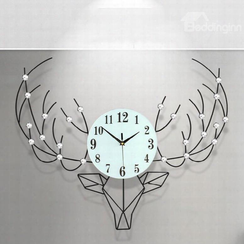 Deer Head Pattern Simple Style Iron And Diamond Battery Hanging Wall Clock