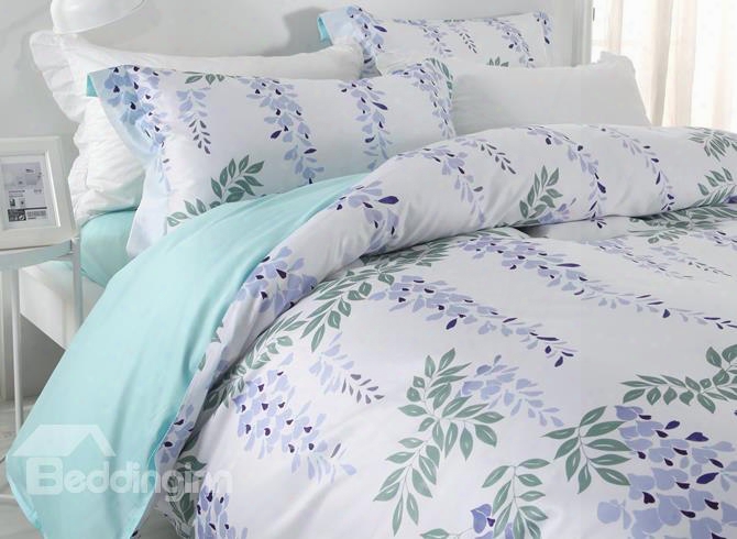 Designer 60s Brocade Green Leaves Strings And Purple Flowers 4-piece Cotton Bedding Sets