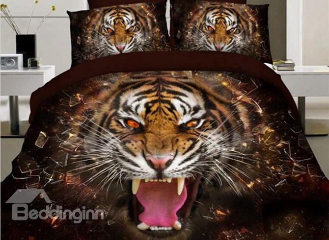 Dignified 3d Tiger Print 4-piece Polyester Duvet Cover Set