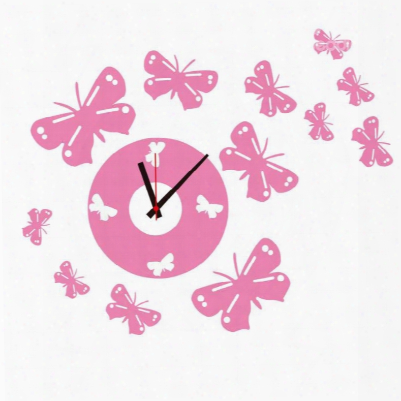 Durable Waterproof Pink Butterflies Pvc Kids Room Clock Wall Stickers