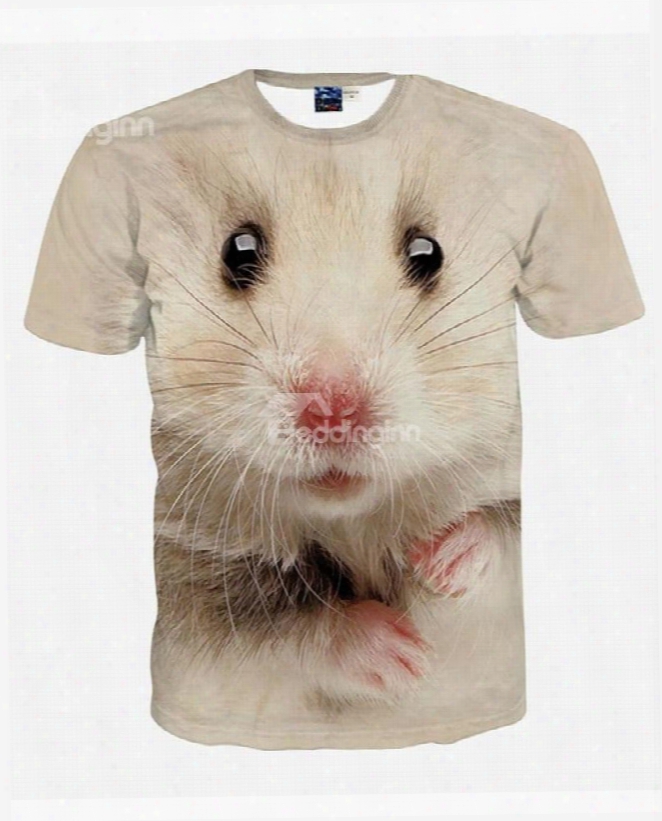 Elegant Round Neck White Mouse Pattern 3d Painted T-shirt